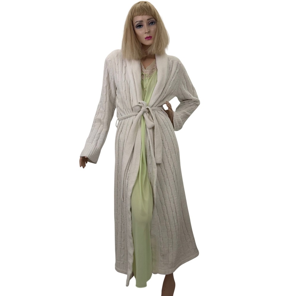 Vintage Cable Knit Robe Cream Loungewear‎ Shawl Collar 80s Cozycore M